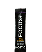 Black package with text 'FOCUS+' and 'Citrus Sunrise' on it.