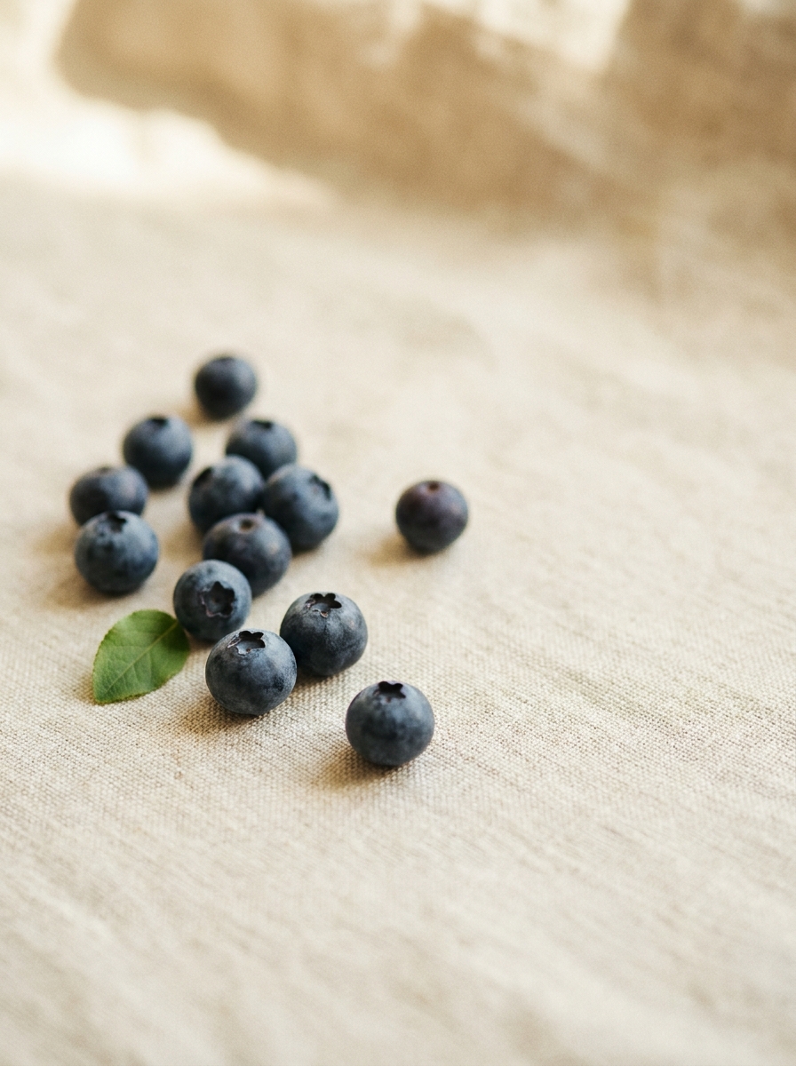 A small handful of fresh blueberries and a single green leaf on a textured, beige cloth.