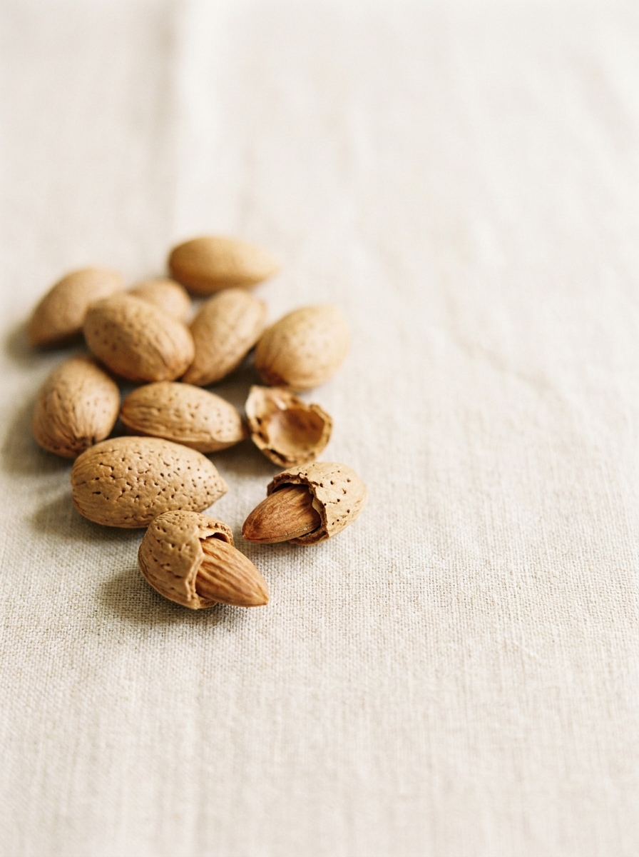 A small pile of almonds in their shells, some cracked open, on a light-colored, textured fabric.