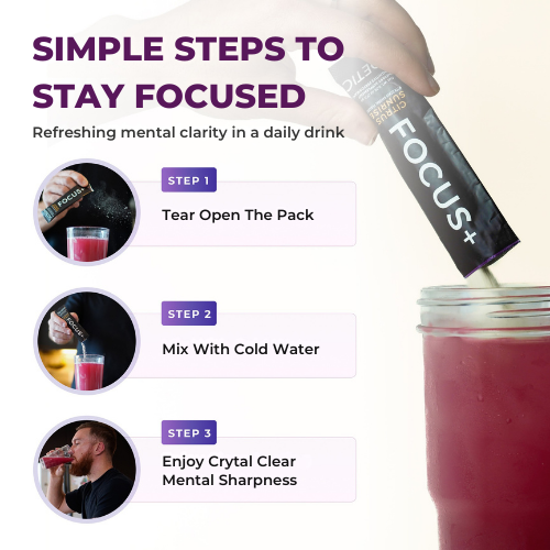 Instructions for making a drink with FOCUS+ powder and water.