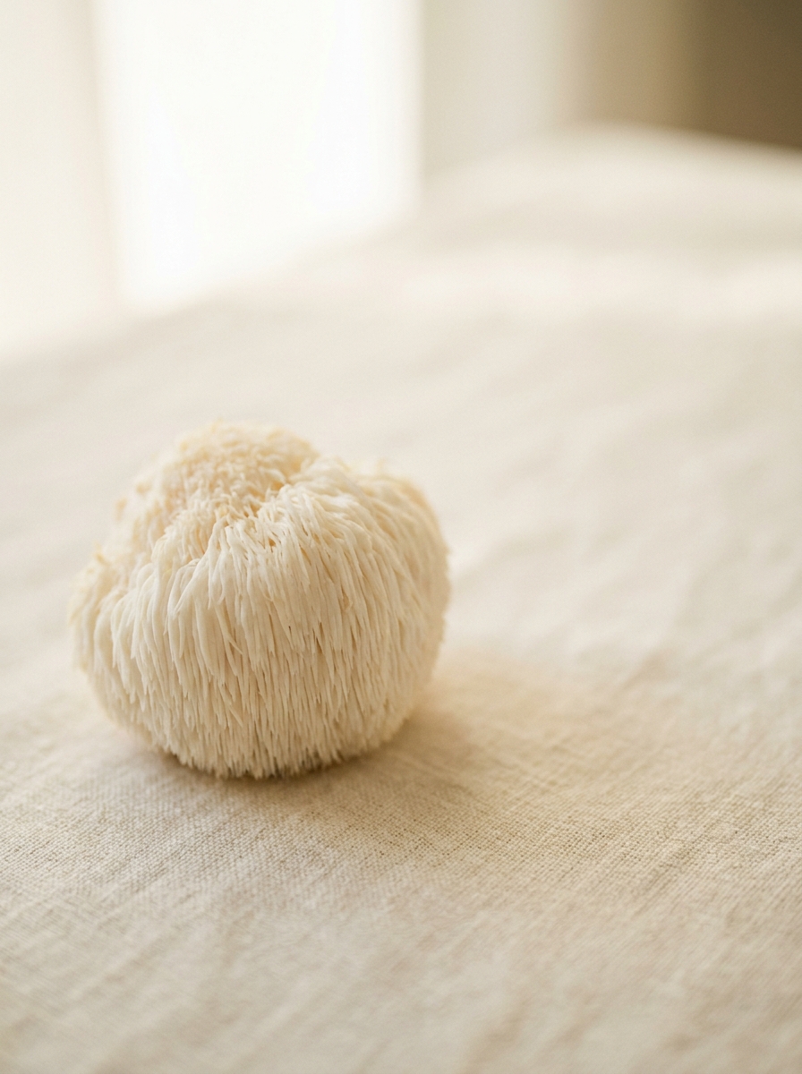 A single Lion's Mane mushroom sits on a textured, light-colored cloth surface in soft, natural light.