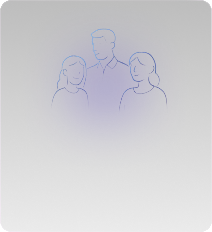 Neon outline of three people on a dark background.