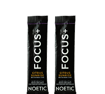 Two black Focus+ citrus packets from Noetic.