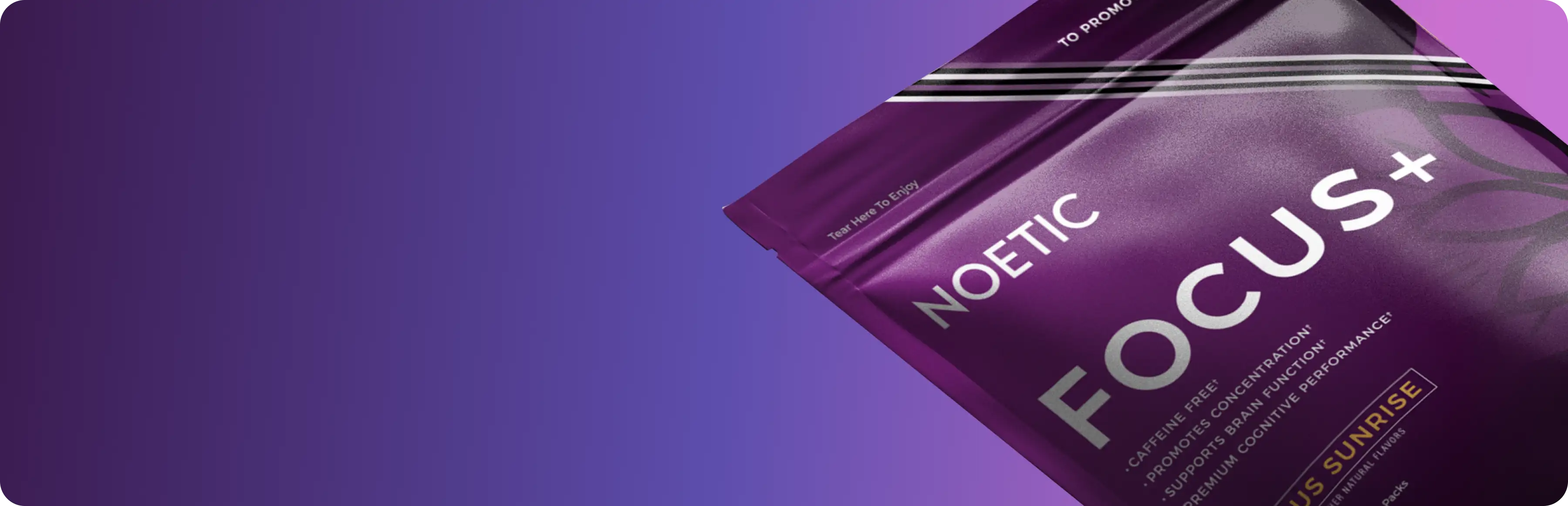 Part of a purple package labeled 'Noetic Focus+' on a gradient purple background.