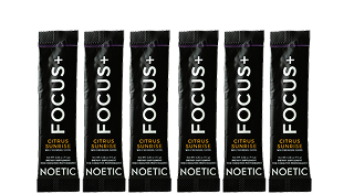 Seven black sachets labeled 'FOCUS+ Citrus Sunrise' from NOETIC.