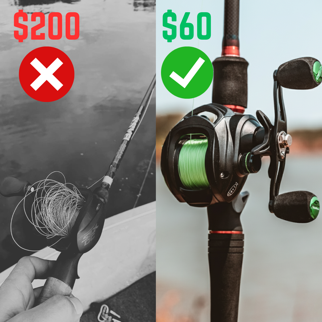 Comparison of two fishing reels with price tags, one crossed out in red.