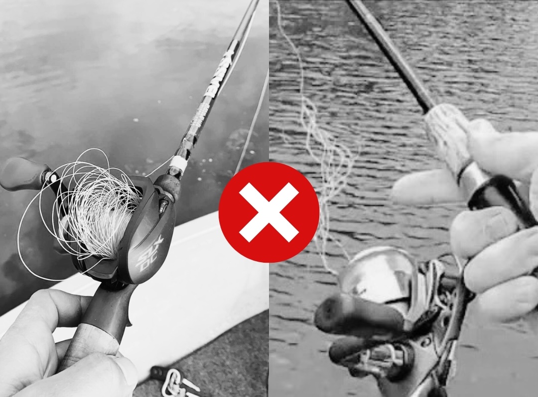 Two fishing rods with tangled lines and a red cross symbol.