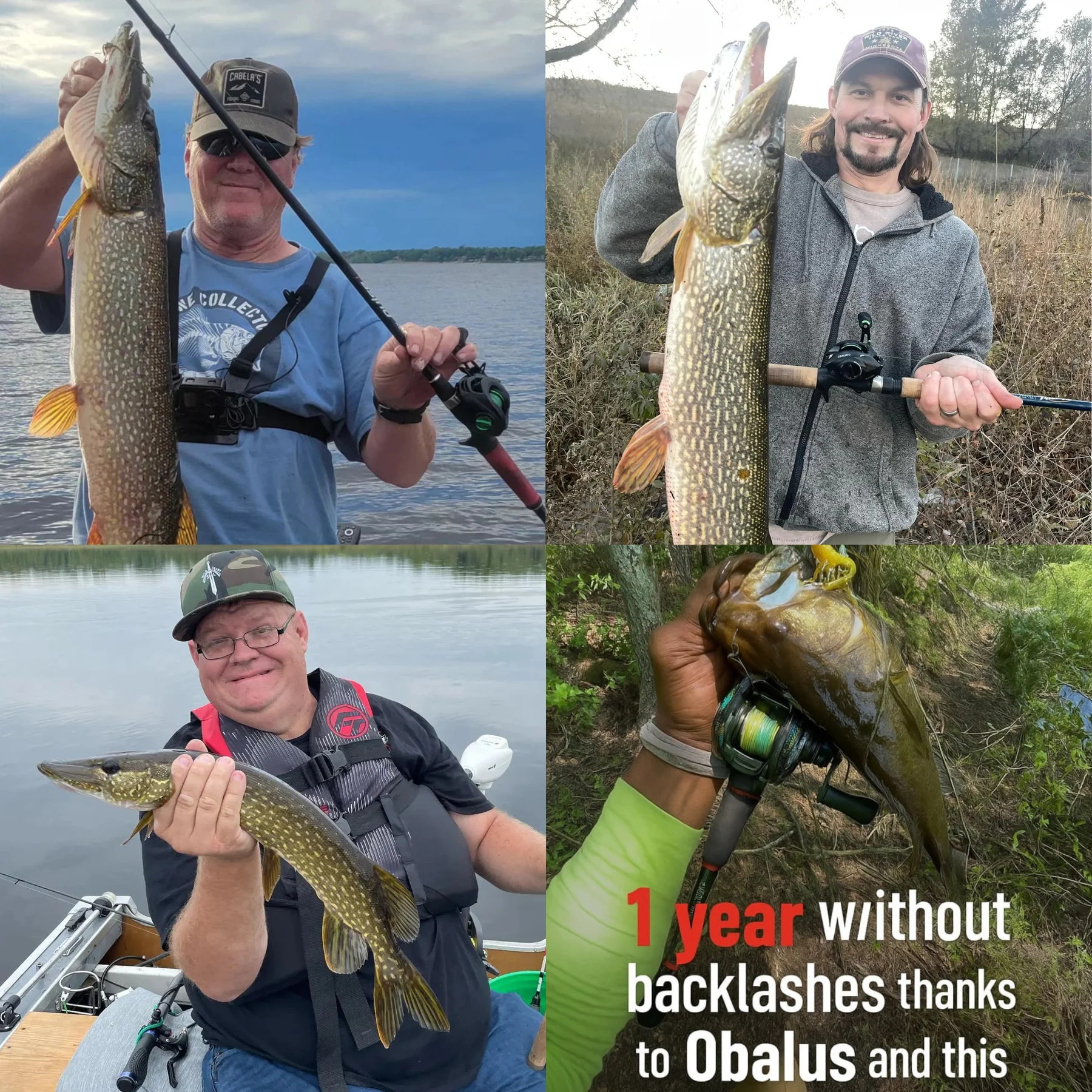Four fishermen posing with their catches, holding fishing rods.