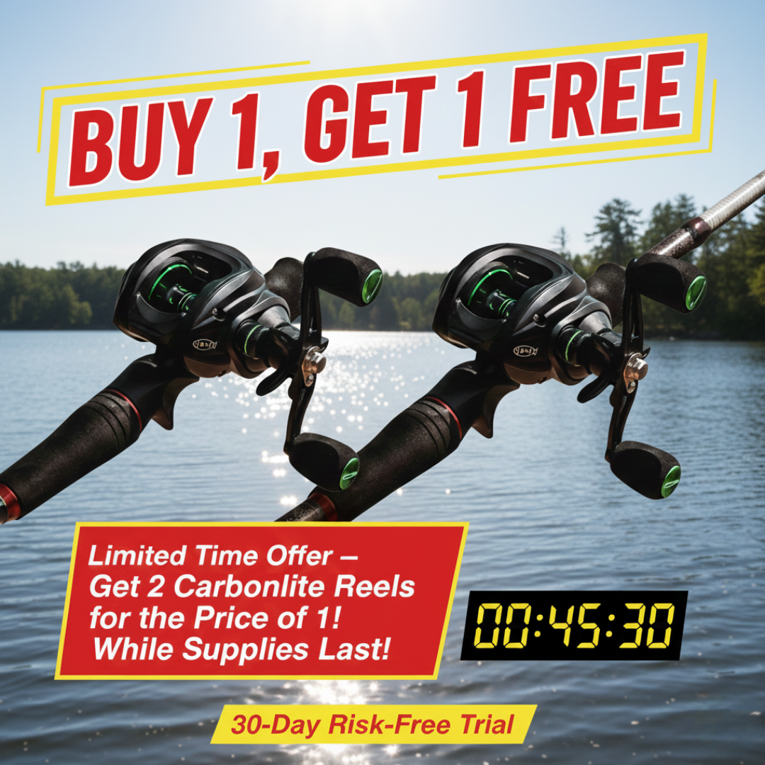 Two fishing reels over water with a 'Buy 1, Get 1 Free' offer.