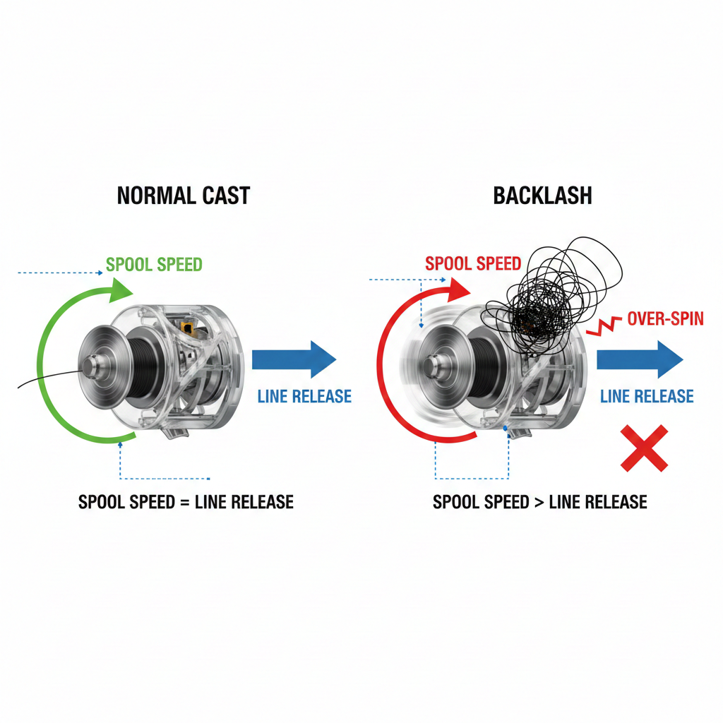 Diagram illustrating normal cast versus backlash in fishing reel mechanics.