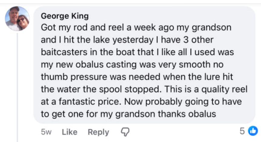 Facebook comment from an Obalus owner