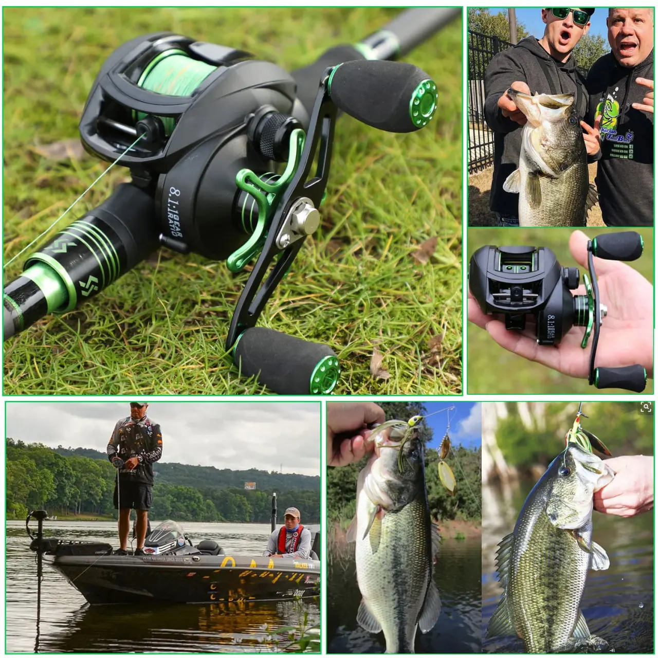 Collage of fishing reels, caught fish, and men holding fish on a boat.