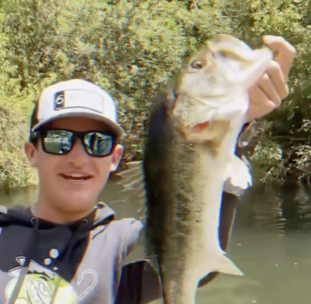 Person holding a large fish outdoors, wearing sunglasses and a cap, with green foliage in the background.