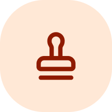 A dark red icon of a rubber stamp inside a light orange circle.