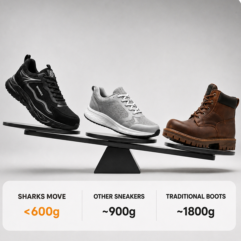 A black sneaker, a grey sneaker, and a brown boot on a balance scale, visually comparing their respective weights.