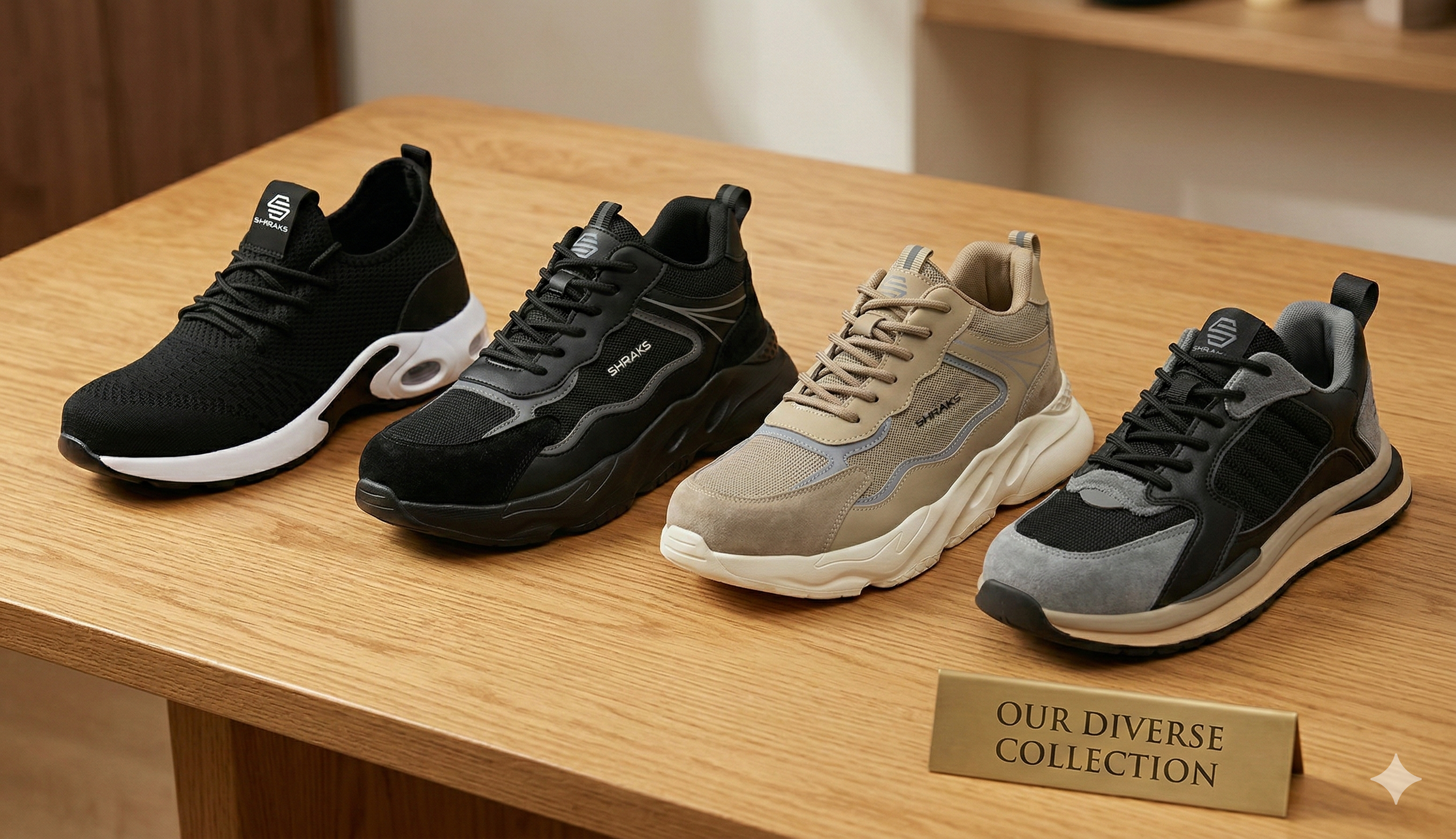 Four pairs of sneakers in different styles and colors are lined up on a wooden table.