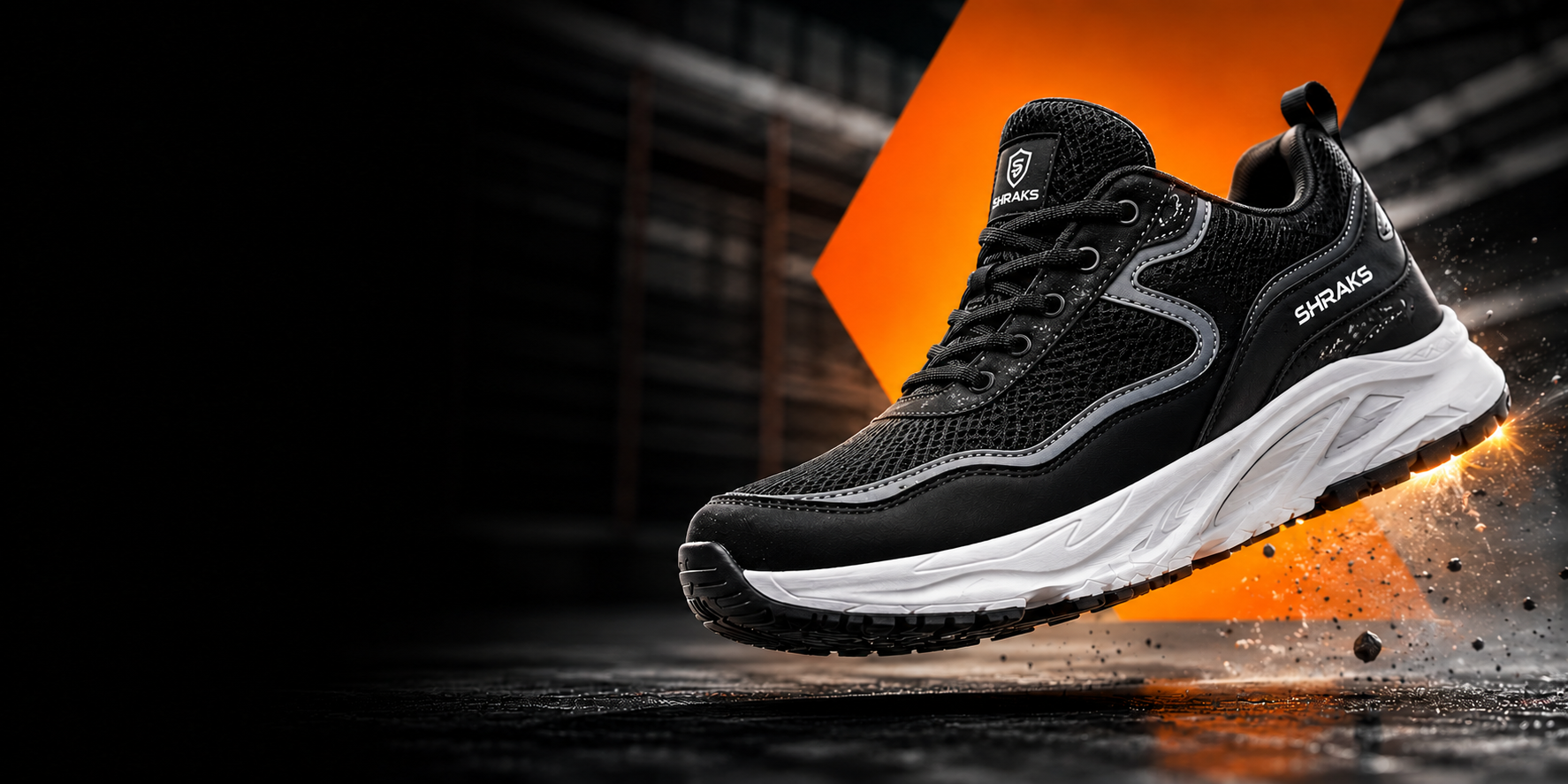 A black athletic shoe with a white sole is shown in a dynamic pose against a dark background.