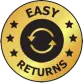 A gold seal with the words 'Easy Returns' and an icon of two circular arrows.