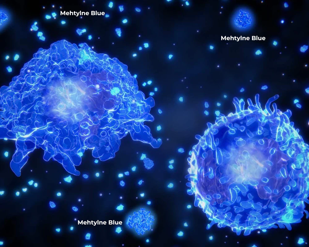 Blue glowing cells labeled 'Mehtylne Blue' on a dark background.