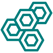 Teal hexagonal shapes interconnected against a white background.