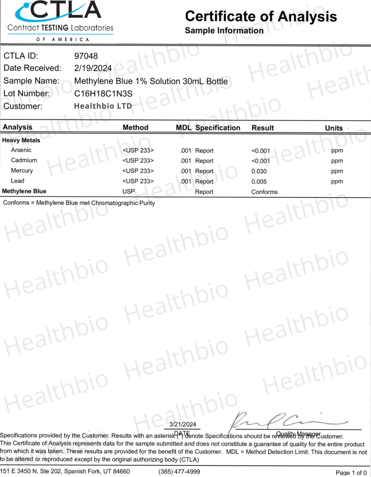 Certificate of Analysis for Methylene Blue solution with test results for heavy metals.