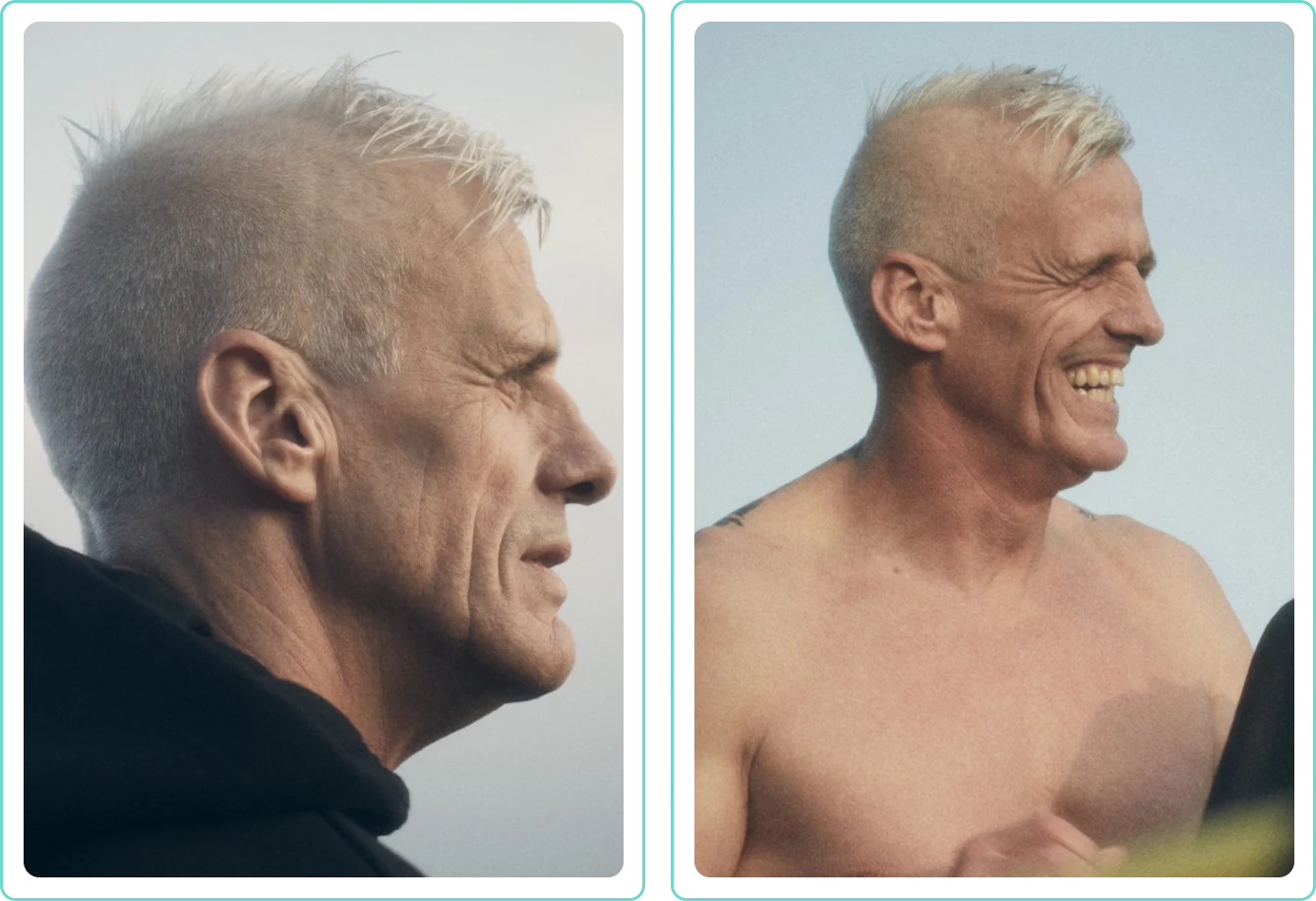 Two side-profile portraits of a man with short white hair, one smiling.