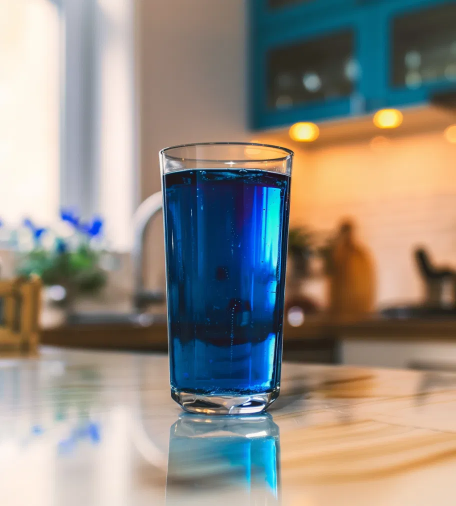 A glass of blue liquid on a kitchen counter.