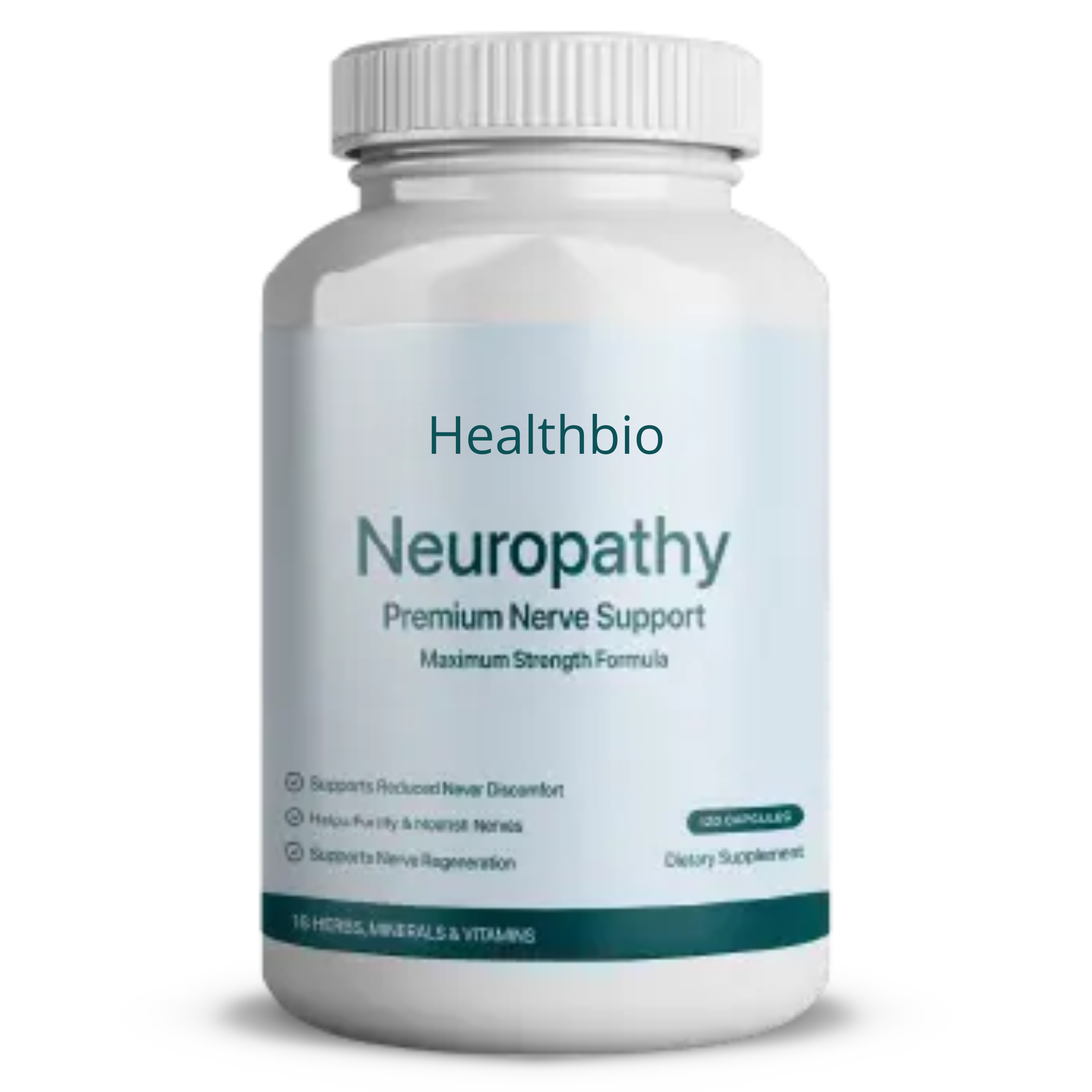 White bottle labeled 'Healthbio Neuropathy Premium Nerve Support' on a green background.