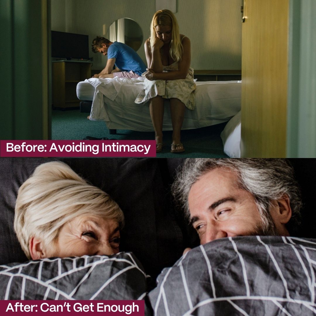 Two images: a sad couple on a bed, a happy couple under covers.