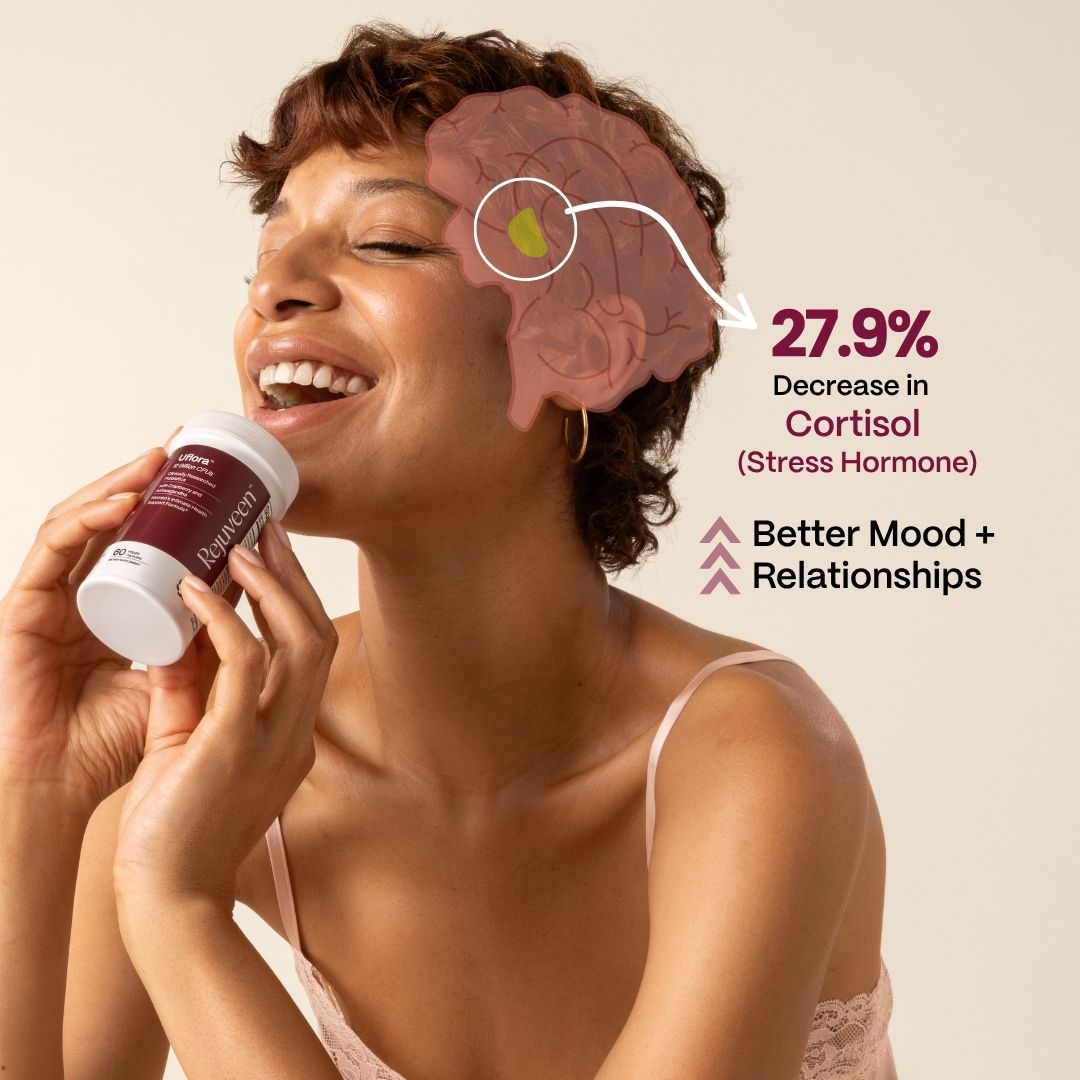 Smiling person holding a supplement bottle with brain illustration and text about cortisol reduction.