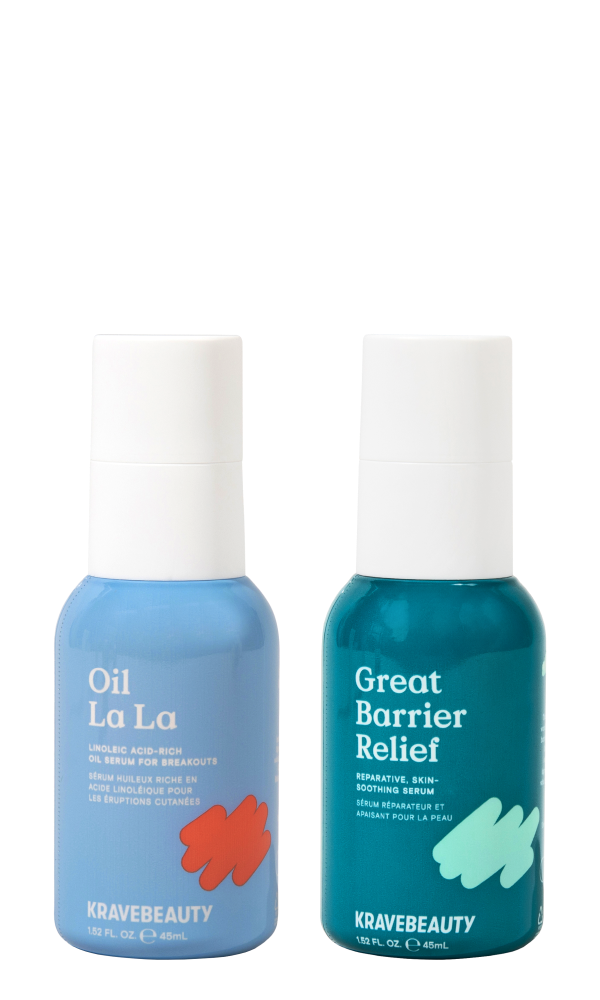 Two KraveBeauty skincare bottles, one blue and one teal, with white caps.