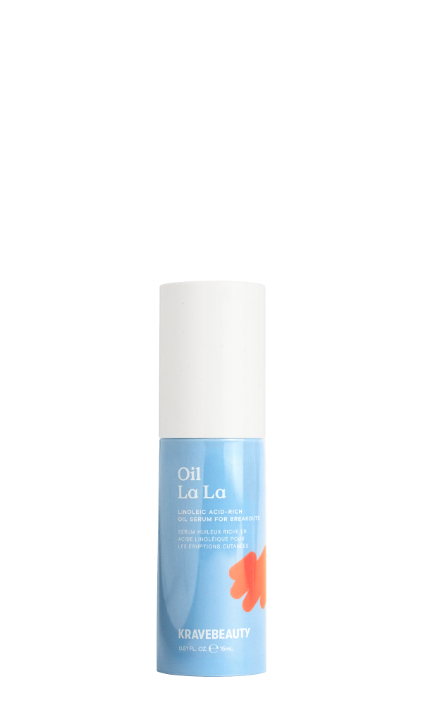 Blue and white skincare bottle labeled 'Oil La La' by KraveBeauty.