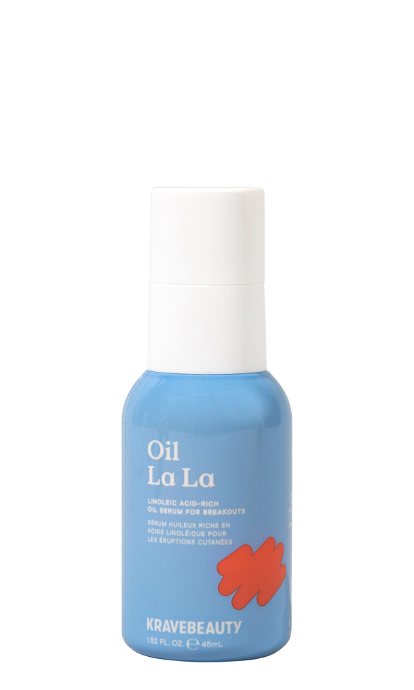 Blue bottle labeled 'Oil La La' by KraveBeauty.