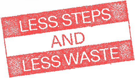 Red stamp text: 'LESS STEPS AND LESS WASTE'.