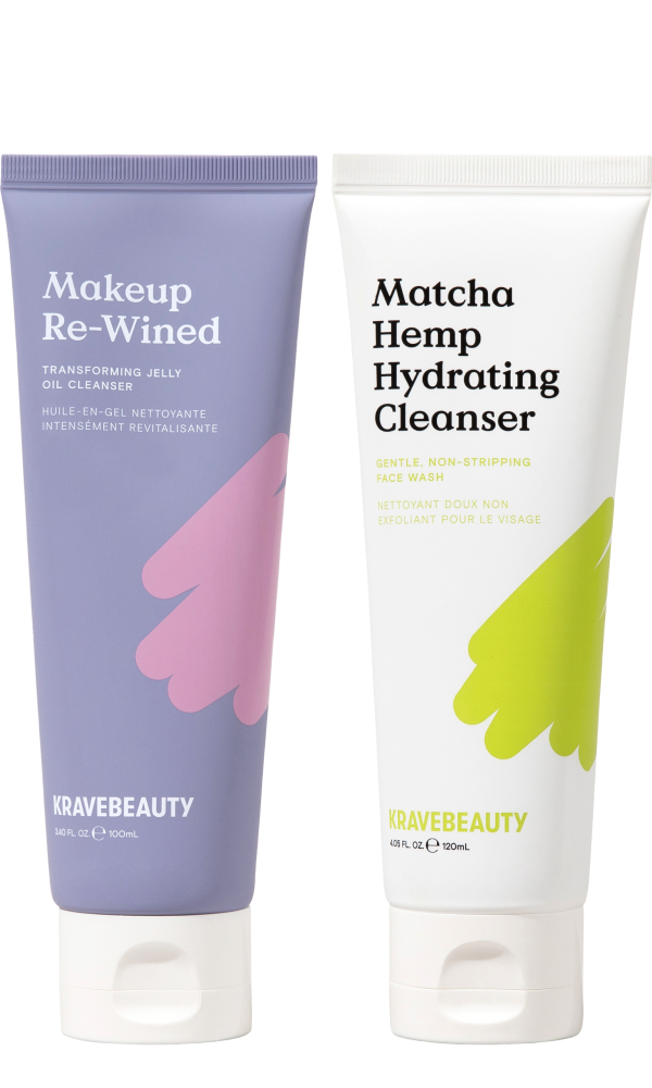 Two KraveBeauty cleanser tubes, purple and white with text.