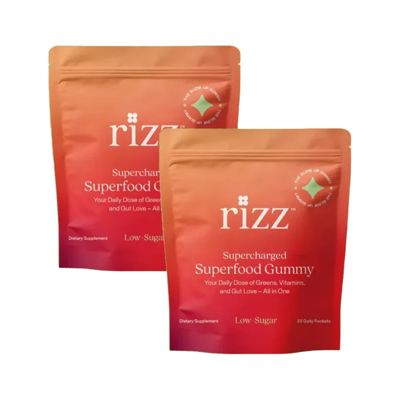 Two pouches of Rizz Supercharged Superfood Gummy supplements against a dark green background.