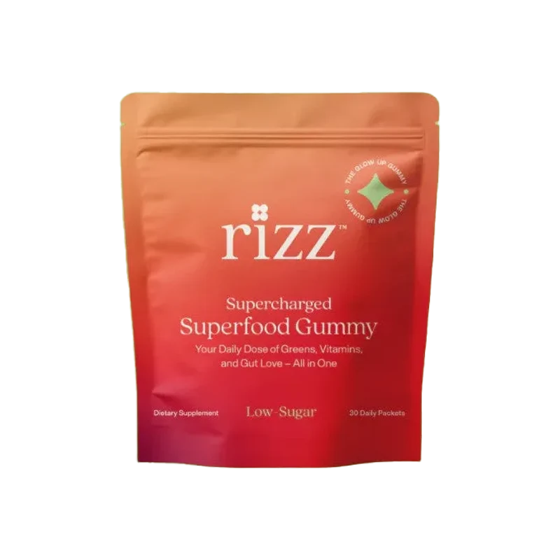 A pouch of Rizz Supercharged Superfood Gummy dietary supplement against a dark green background.