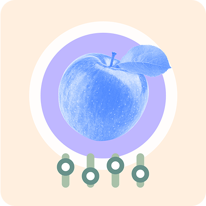 Blue apple with leaf on purple circle, three sliders below.