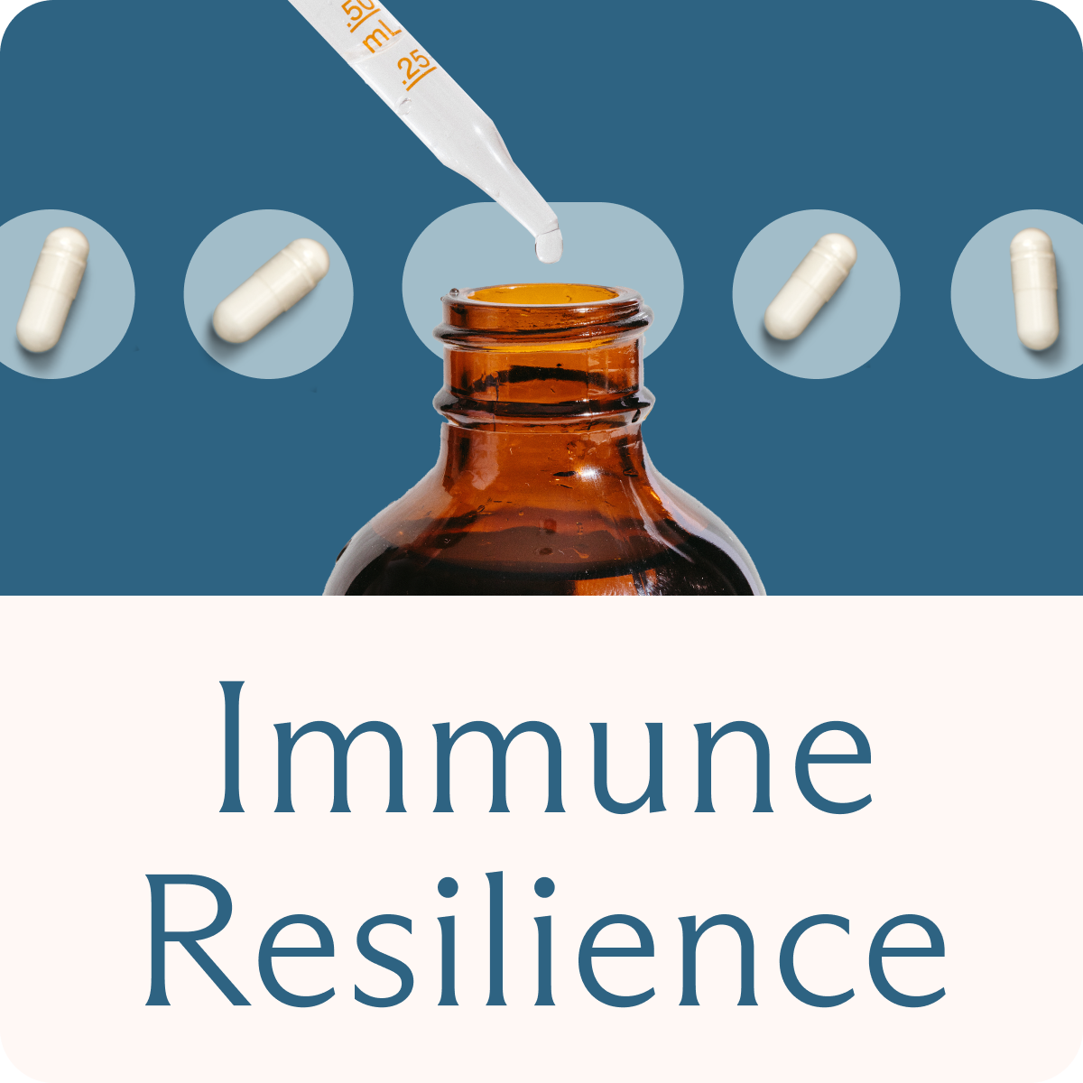 Brown bottle, dropper, capsules, text: 'Immune Resilience'