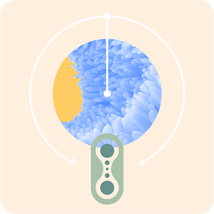 Abstract design with blue and yellow shapes and circular arrows on a beige background.