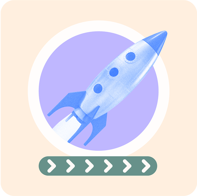 Illustration of a blue rocket with three windows on a purple background.