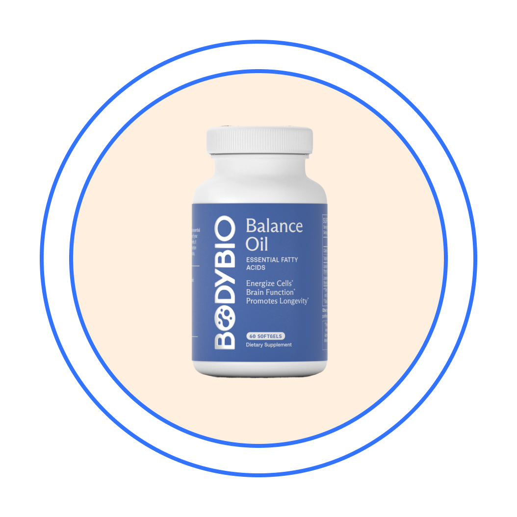 A white bottle of BodyBio Balance Oil Essential Fatty Acids softgels, inside a blue circular frame.