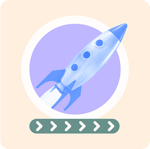 Illustration of a blue rocket with three windows on a purple background.