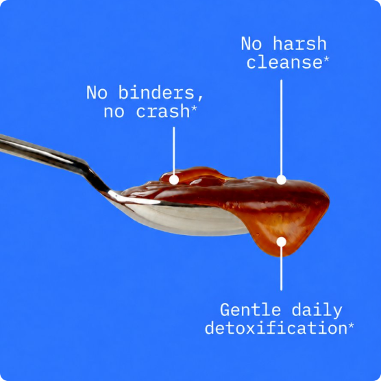 Spoonful of BodyBio PC liquid with callouts: no binders, no crash; no harsh cleanse; gentle daily detoxification