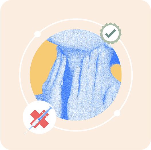 Illustration of hands on a throat with a syringe icon and a checkmark.
