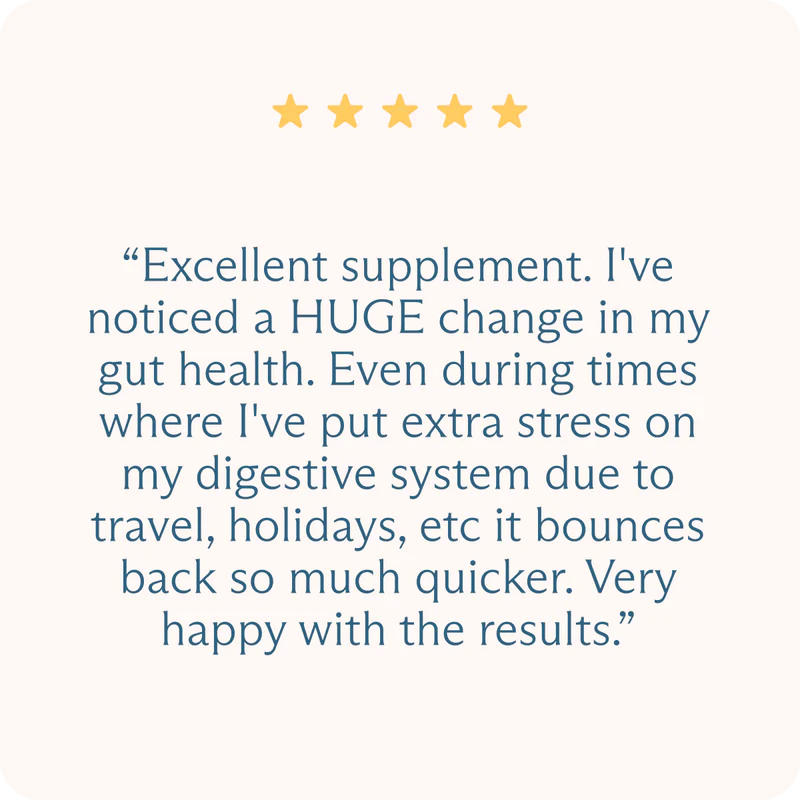 Five-star review praising a supplement for improving gut health.