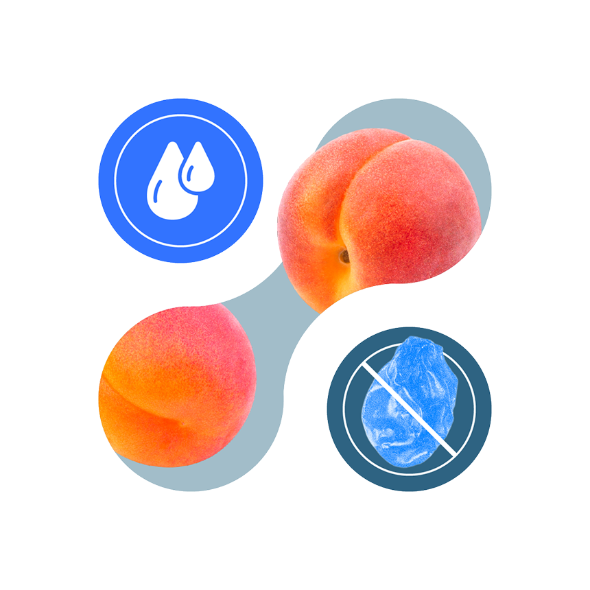 Two peaches with water and ice icons on a black background.