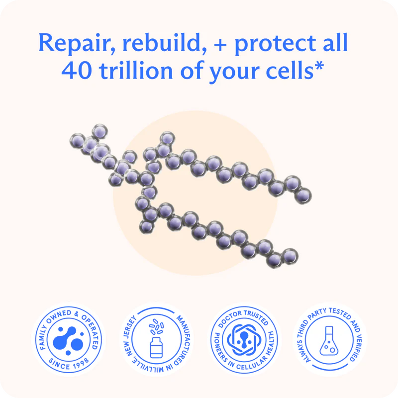 Illustration of molecules with text about cellular repair and four certification icons.