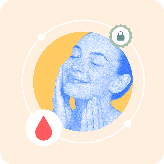 Illustration of a smiling person touching their face, with icons of a droplet and a lock.