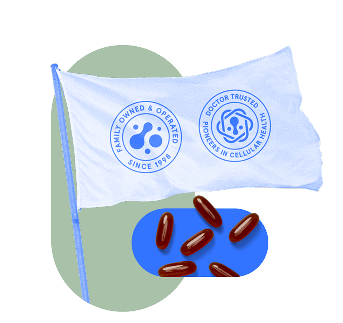 White flag with logos and red capsules on a blue background.